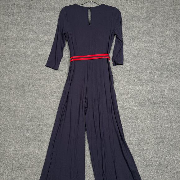 Boden Sz 4 Isla Jersey Jumpsuit Black Red Tie Waist Wide Leg V Neck 3/4 Sleeves - Picture 4 of 13